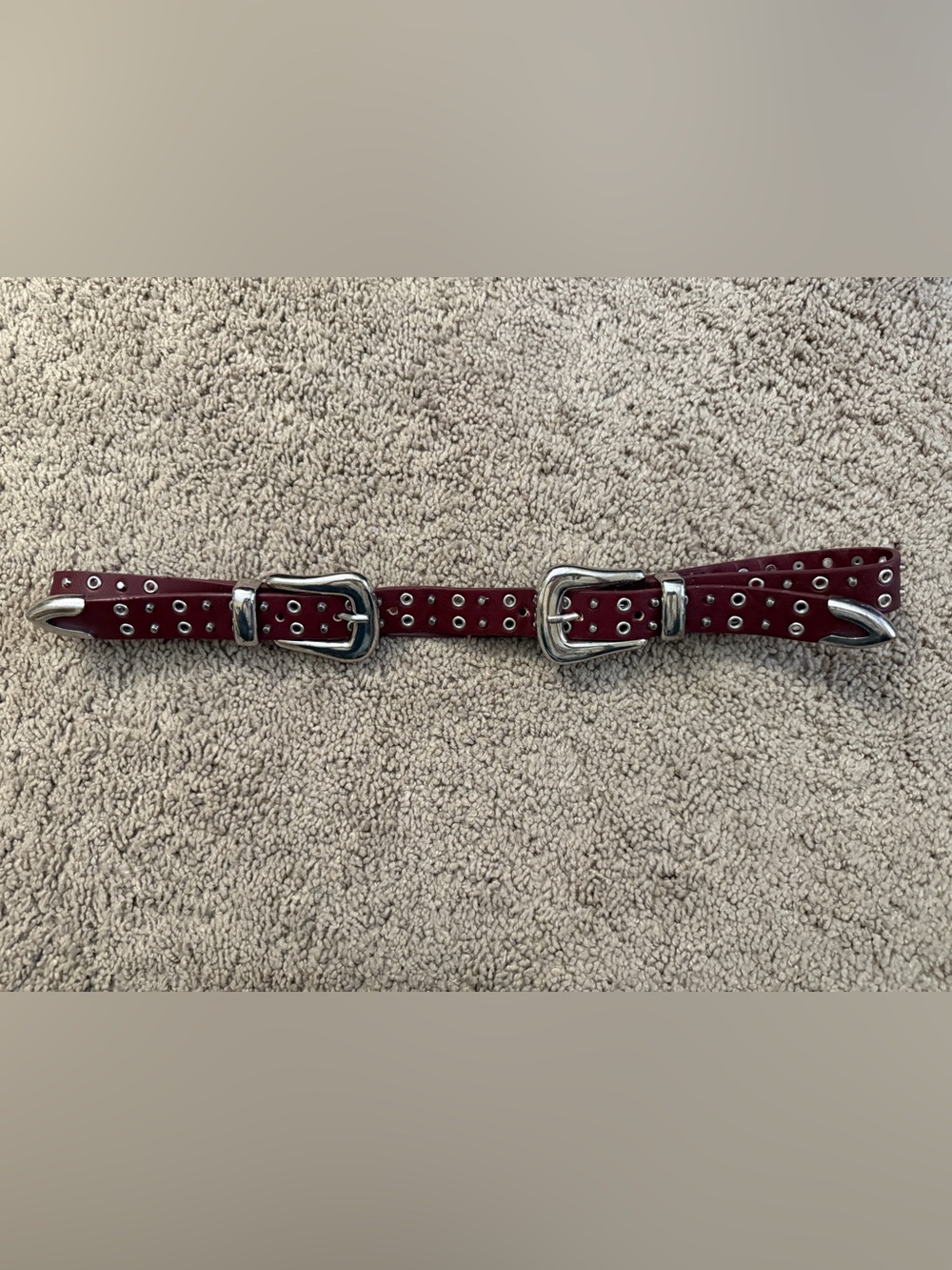 Zara Double Buckle Belt Studded Women size Medium Punk Burgundy Leather Belt